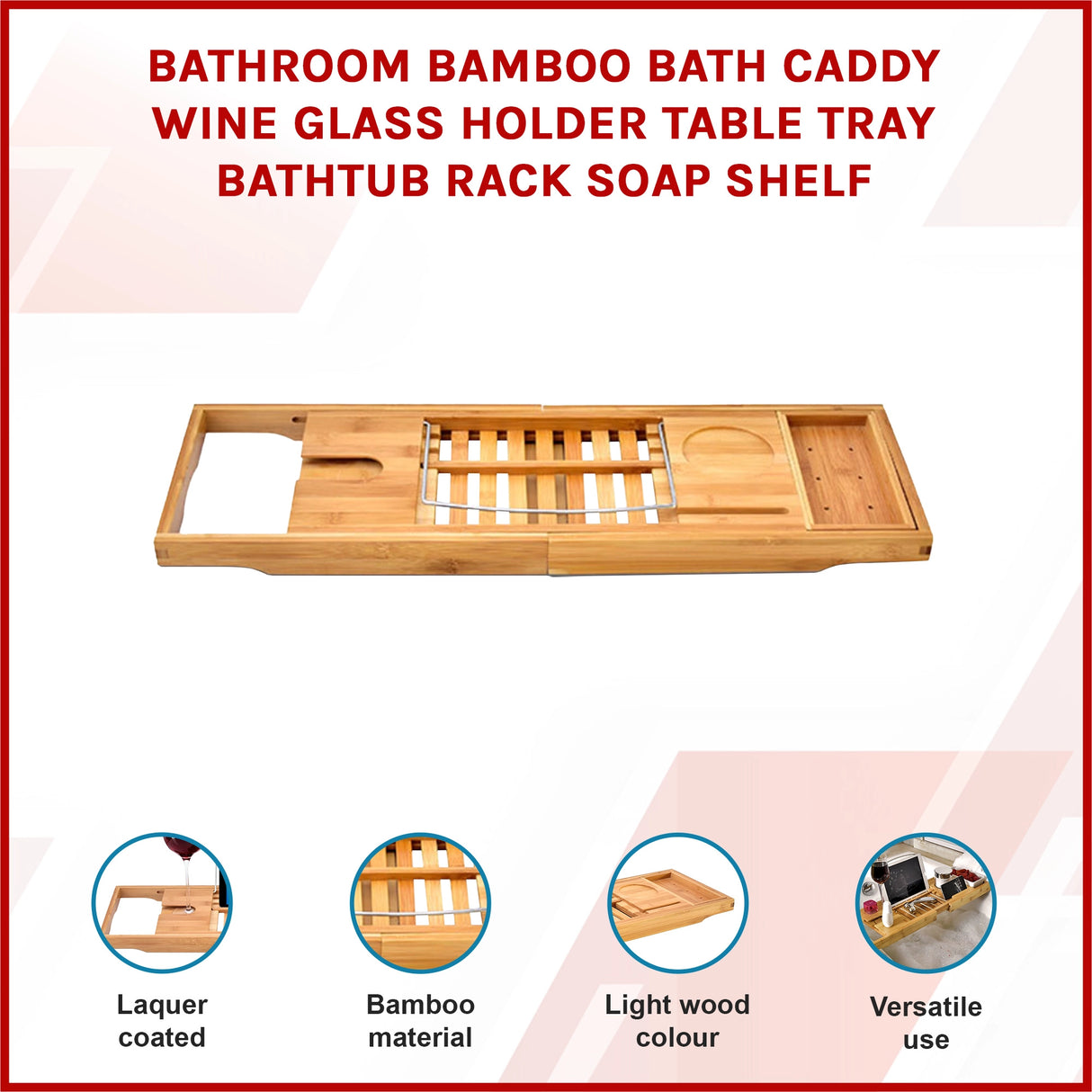 Bathroom Bamboo Bath Caddy Wine Glass Holder Table Tray Bathtub Rack Soap Shelf