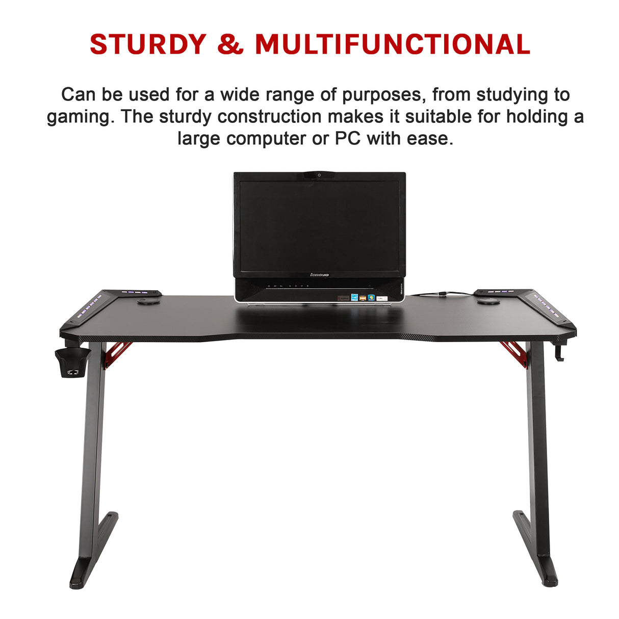 LED Gaming Desk Computer Table with Cup Holder Headphone Hook Cable Hole