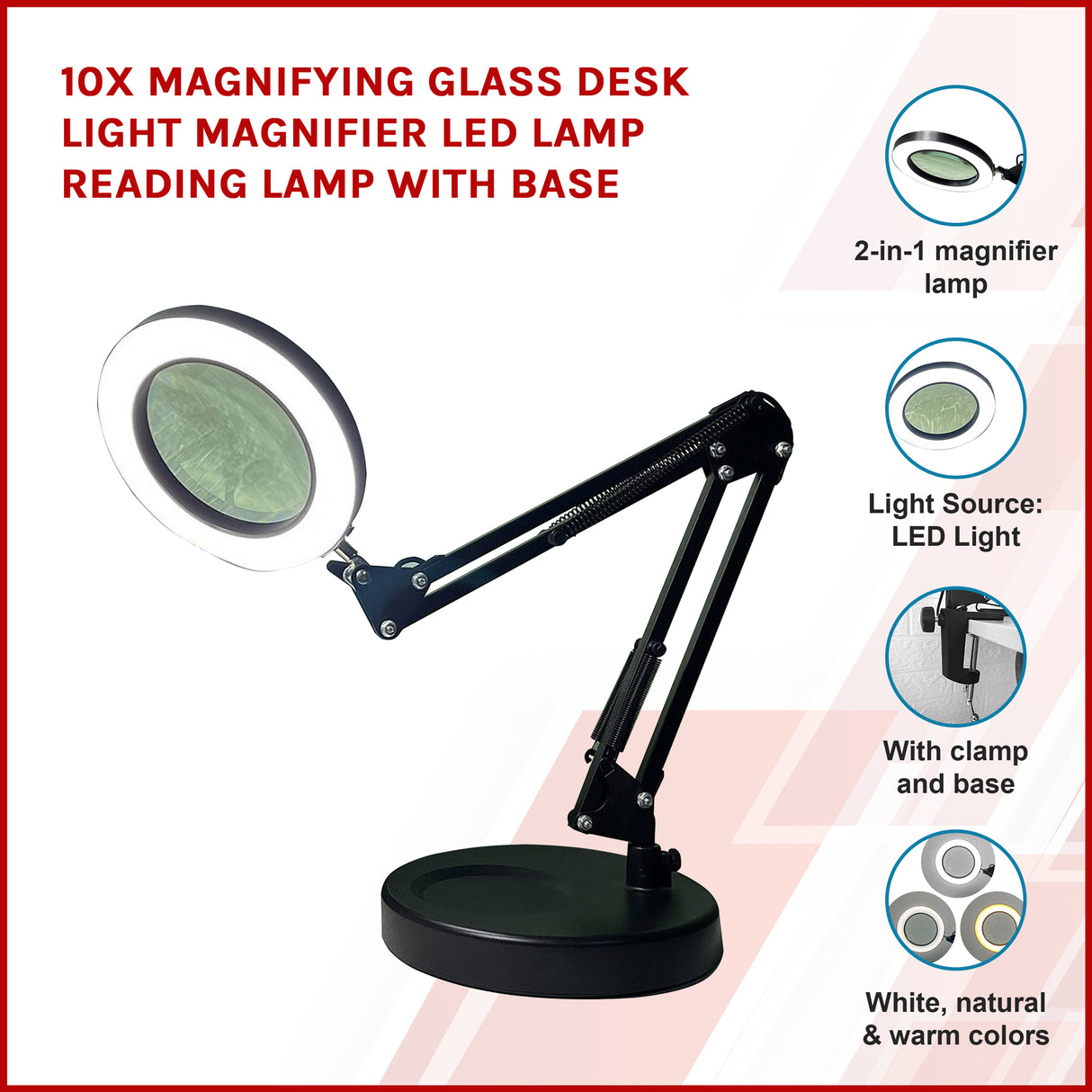 10X Magnifying Glass Desk Light Magnifier LED Lamp Reading Lamp With Base