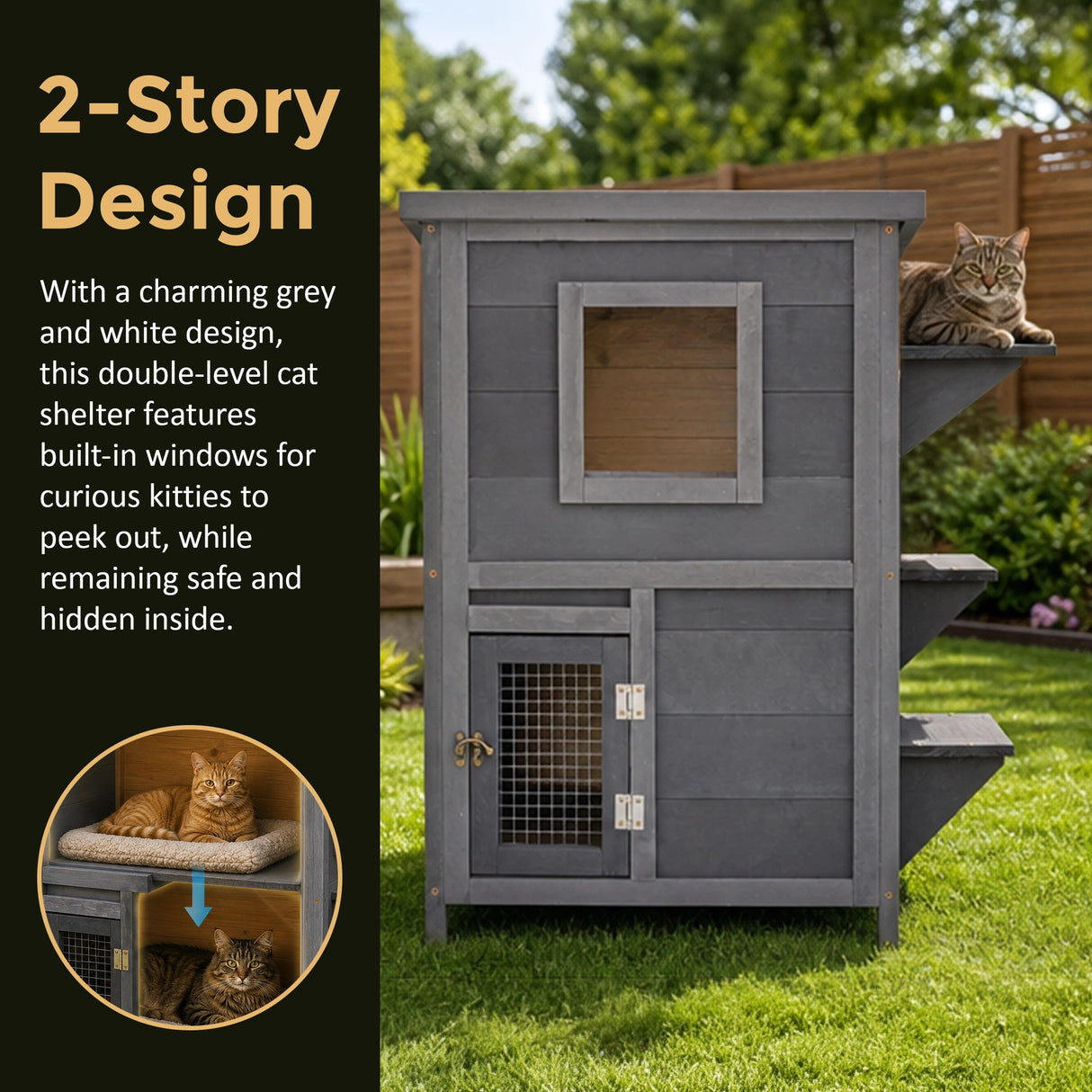 Cat House Weatherproof 2-Story Indoor Outdoor Wooden Shelter Bitumen Roof