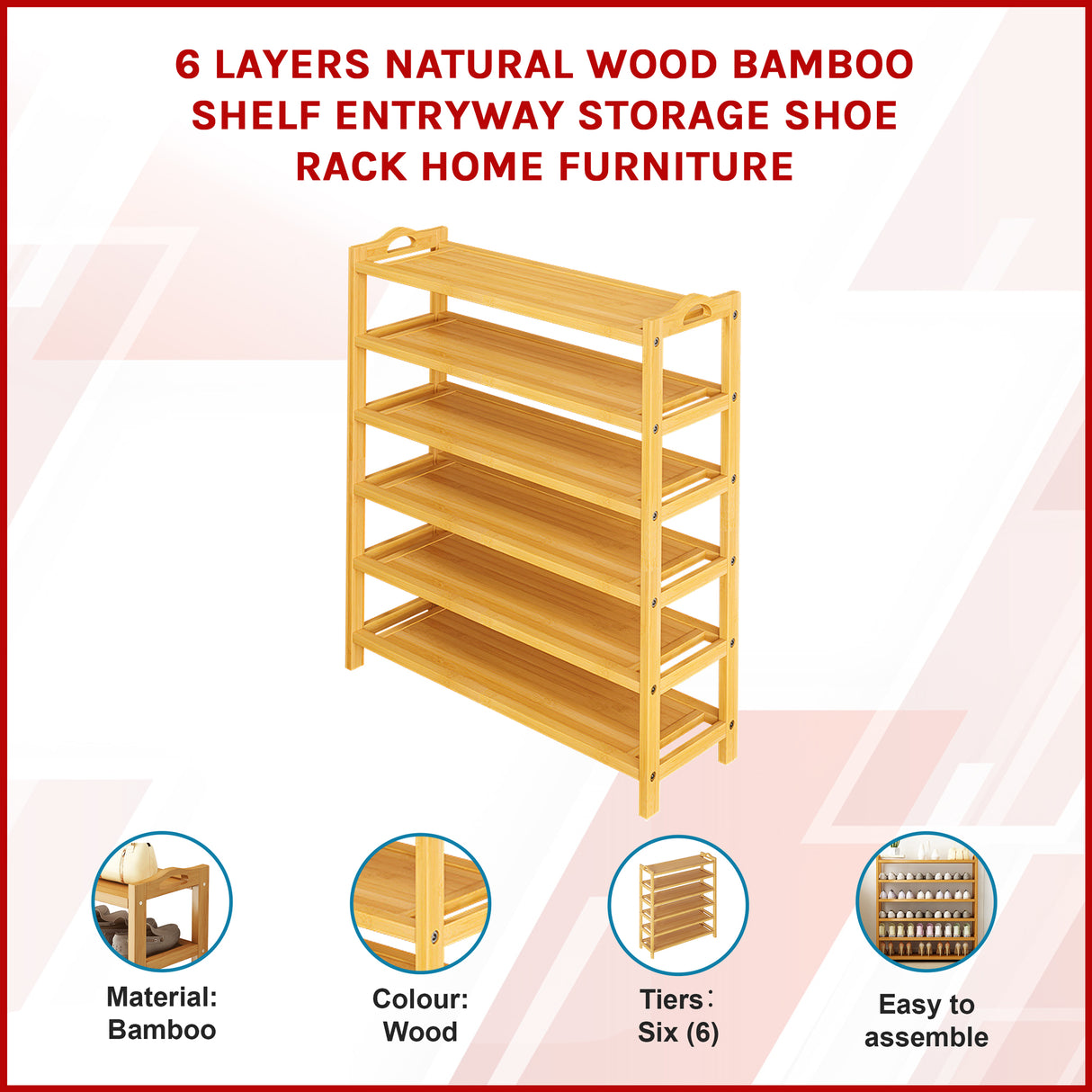 6 Layers Natural Wood Bamboo Shelf Entryway Storage Shoe Rack Home Furniture