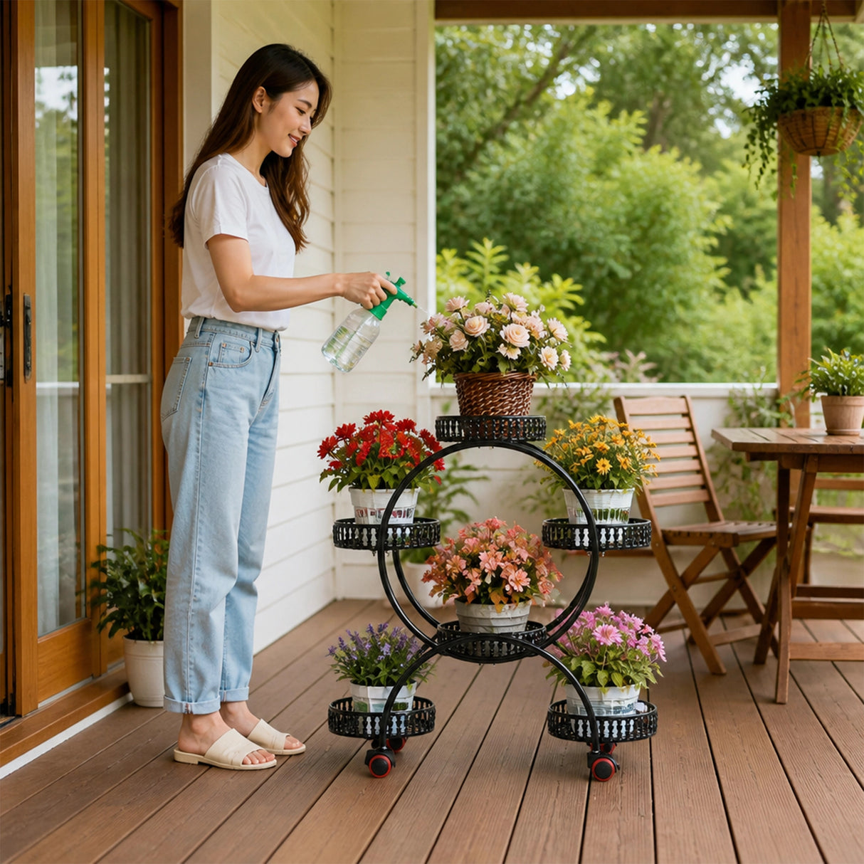 4 Layer 6 Pots Flower Holder Plant Stand Shelf 4-Wheel Free Moving Rack