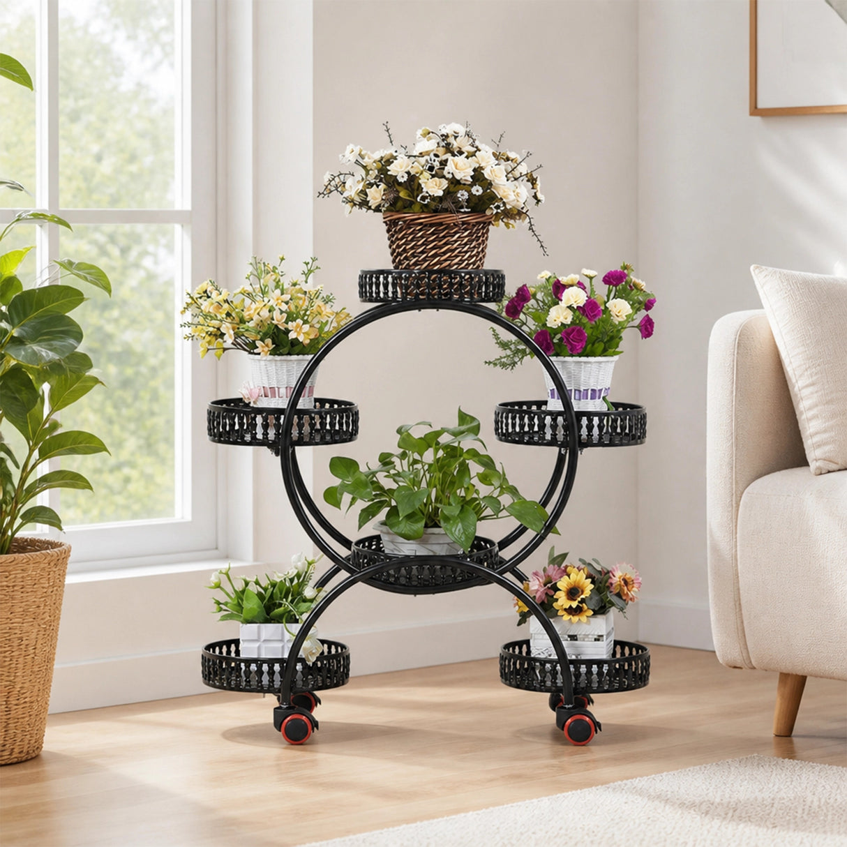 4 Layer 6 Pots Flower Holder Plant Stand Shelf 4-Wheel Free Moving Rack