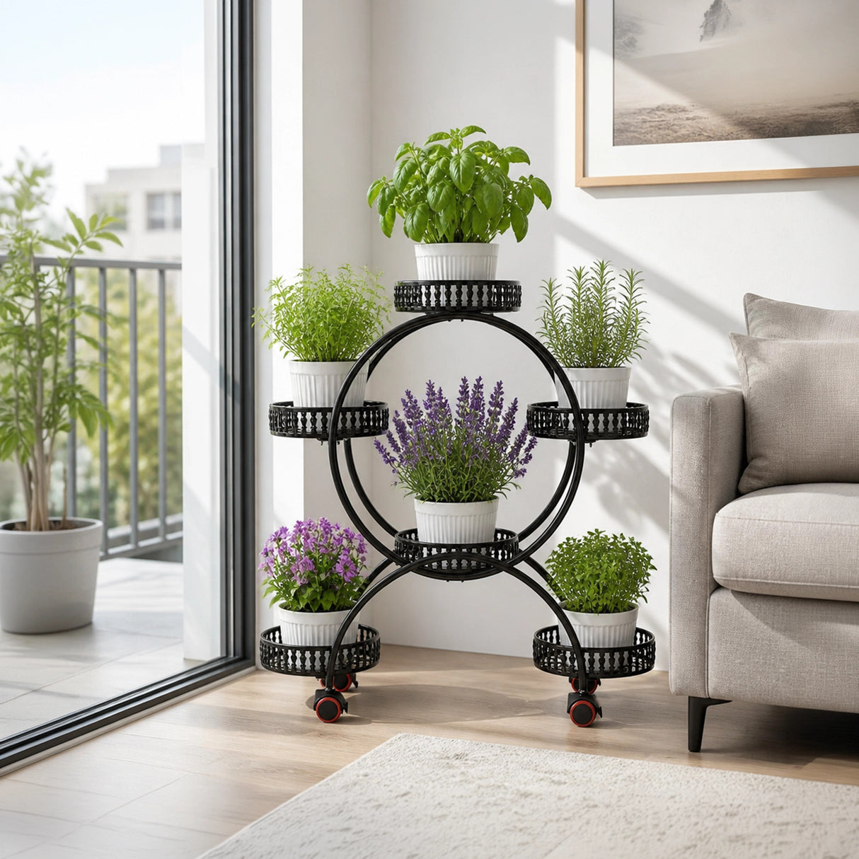 4 Layer 6 Pots Flower Holder Plant Stand Shelf 4-Wheel Free Moving Rack