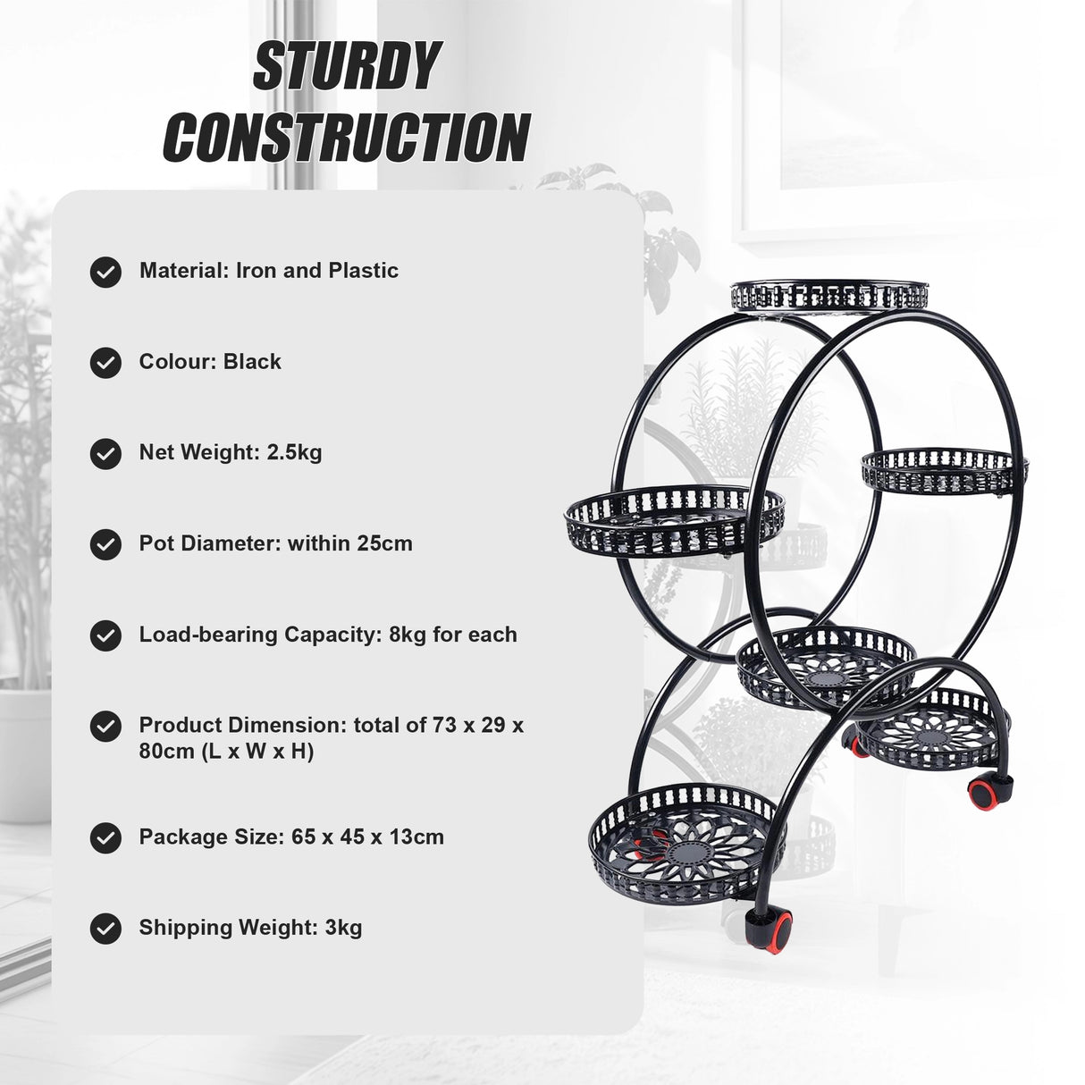 4 Layer 6 Pots Flower Holder Plant Stand Shelf 4-Wheel Free Moving Rack