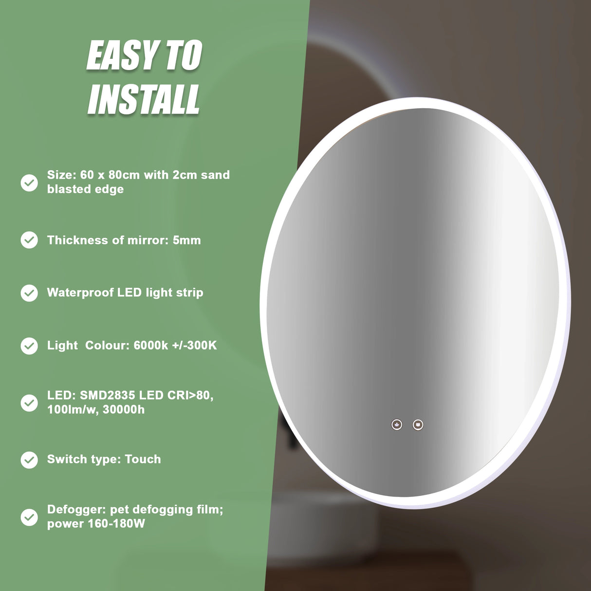 Oval Mirror LED Anti-Fog Illuminated Bathroom Living Room