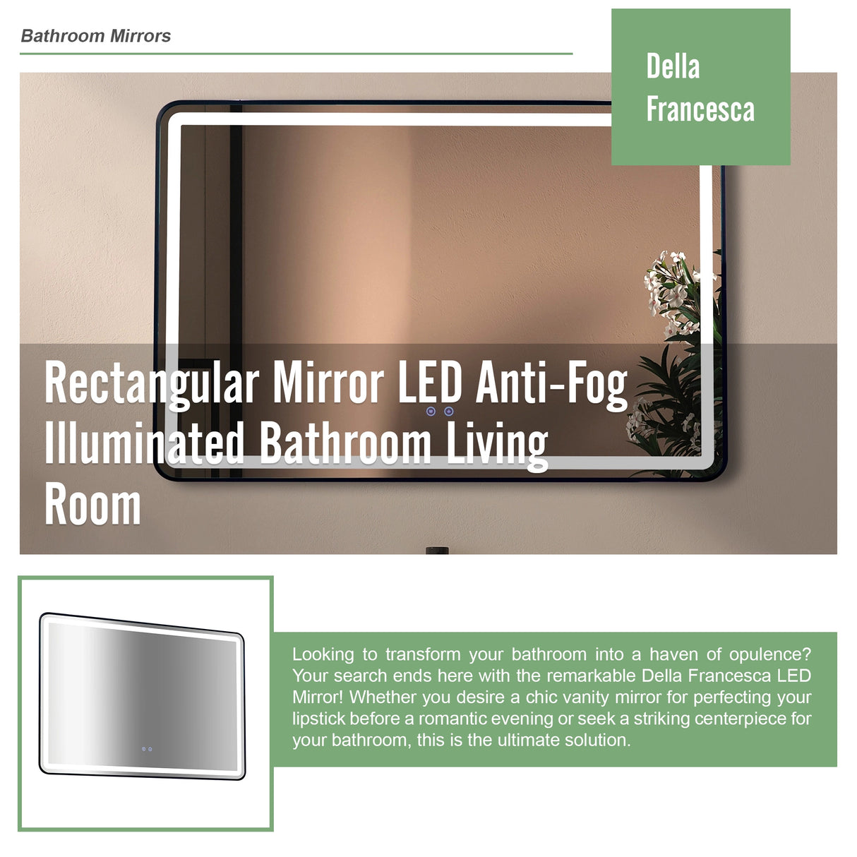 Rectangular Mirror LED Anti-Fog Illuminated Bathroom Living Room