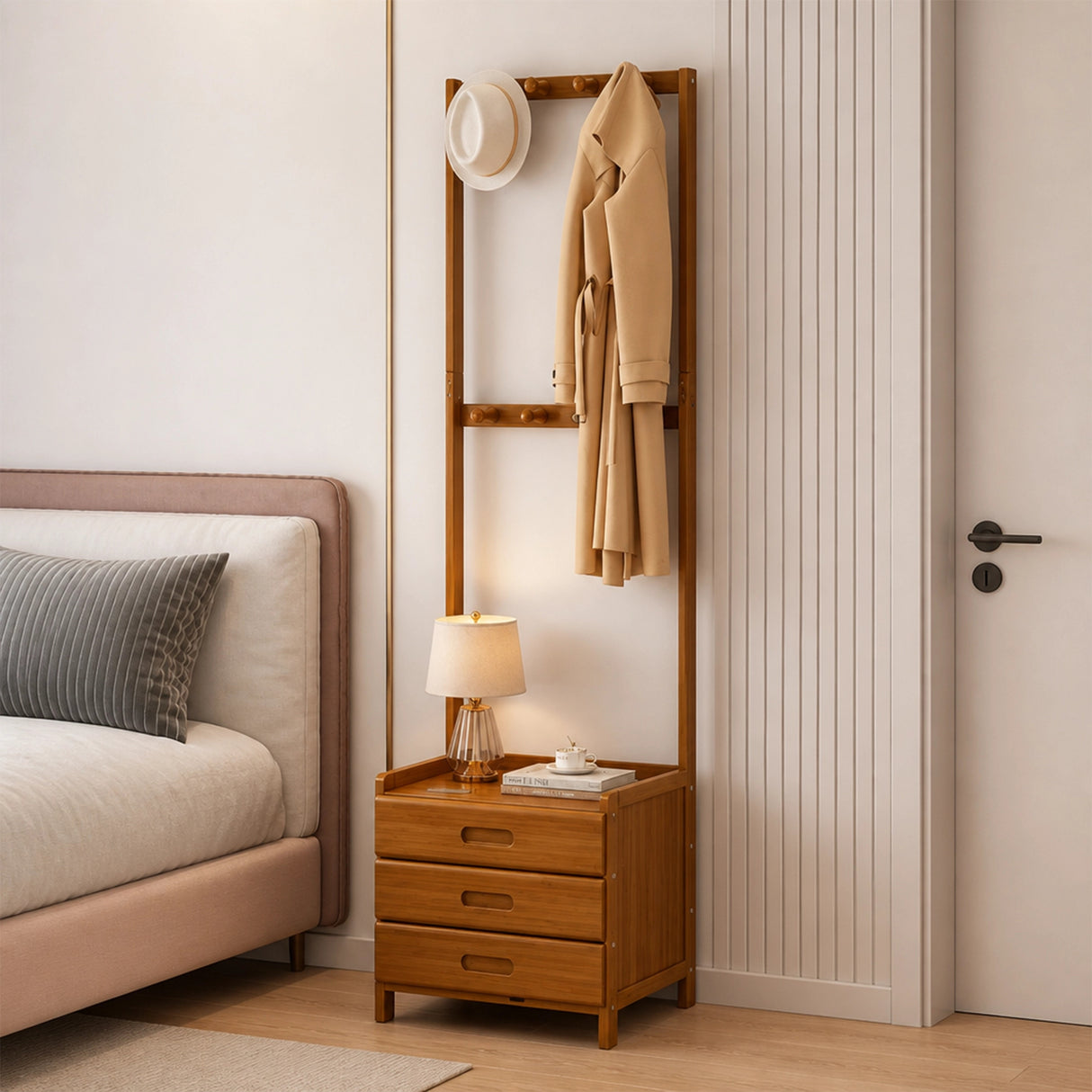 42x165cm Dark Wood Wooden Hall Stand Floor Coat Rack with Drawer Modern Minimalist