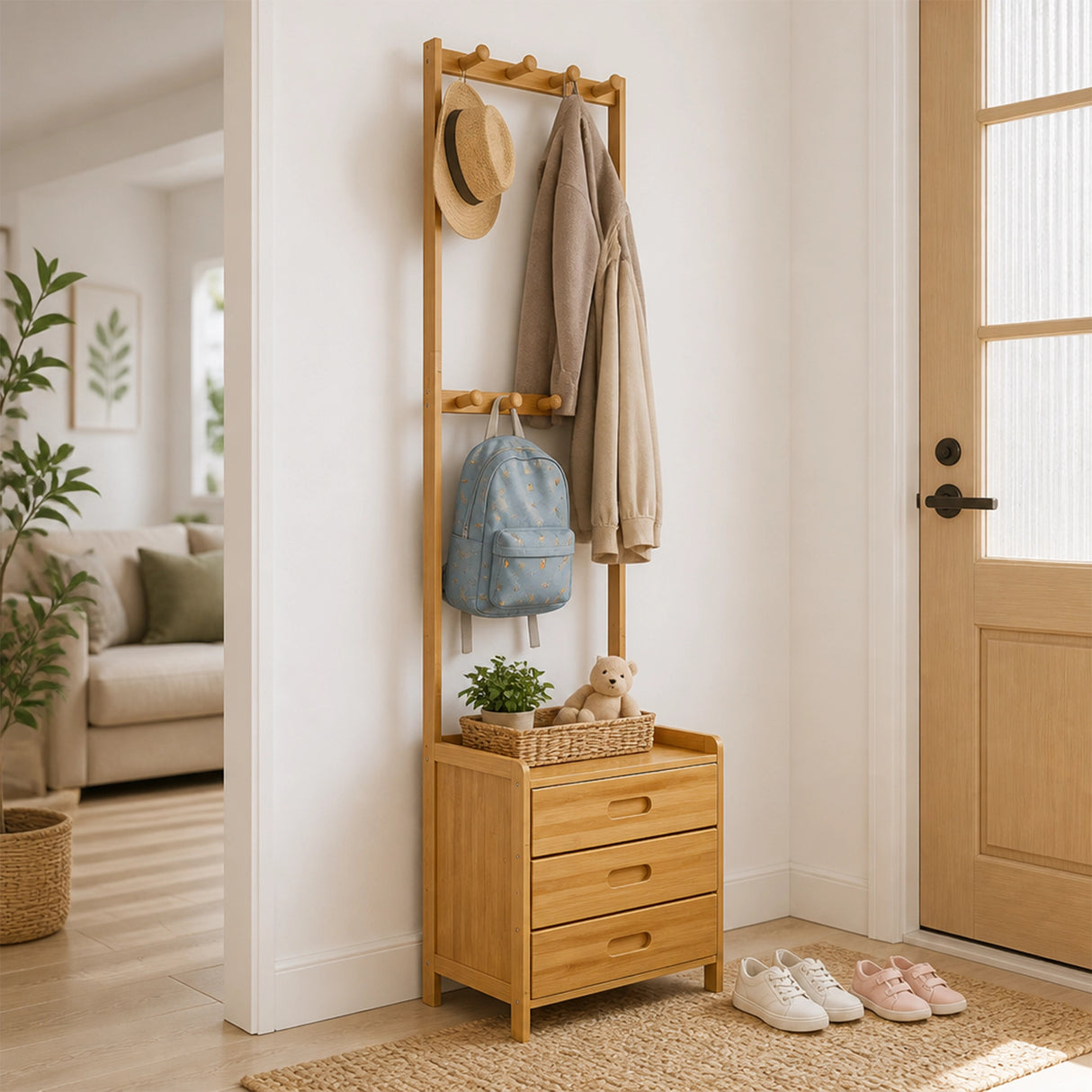 Wooden Hall Stand Floor Coat Rack with Drawer Modern Minimalist Style