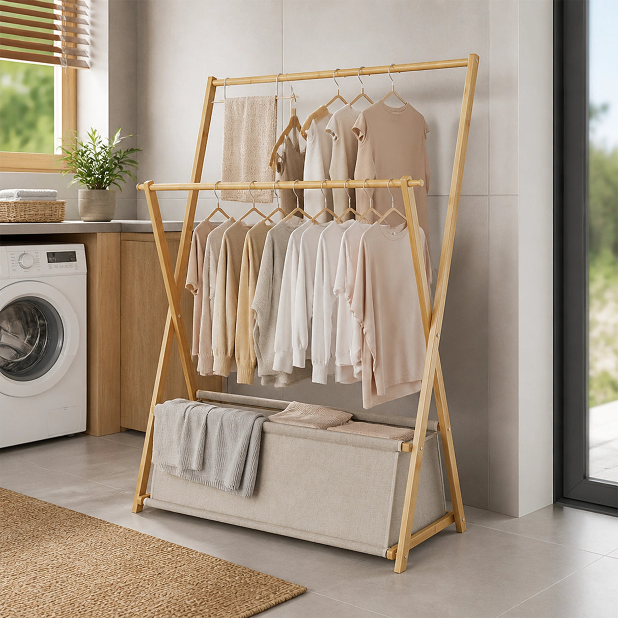 100x155cm Wood Clothes Rail Garment Rack with Freestanding Storage Shelf