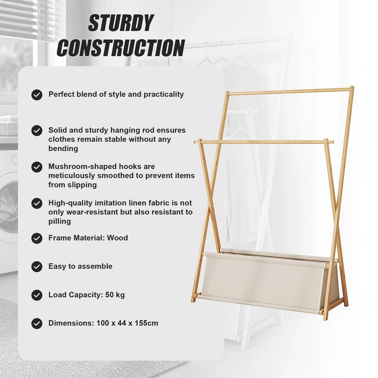 100x155cm Wood Clothes Rail Garment Rack with Freestanding Storage Shelf