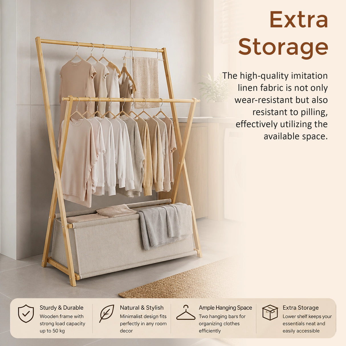 100x155cm Wood Clothes Rail Garment Rack with Freestanding Storage Shelf