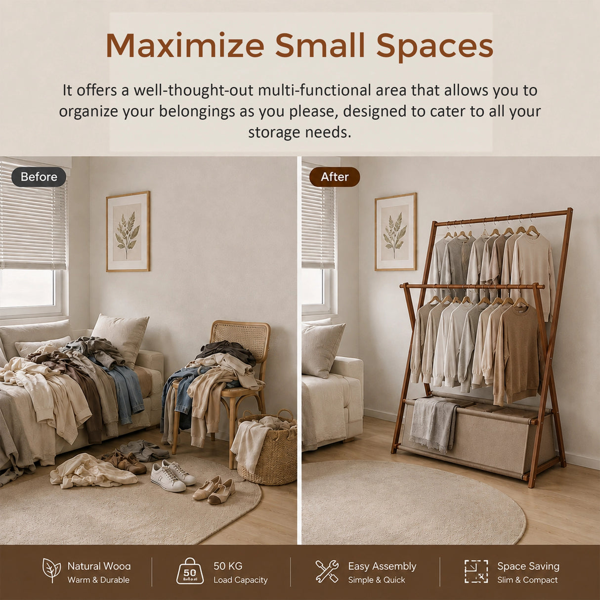100x155cm Dark Wood Clothes Rail Garment Rack with Freestanding Storage Shelf