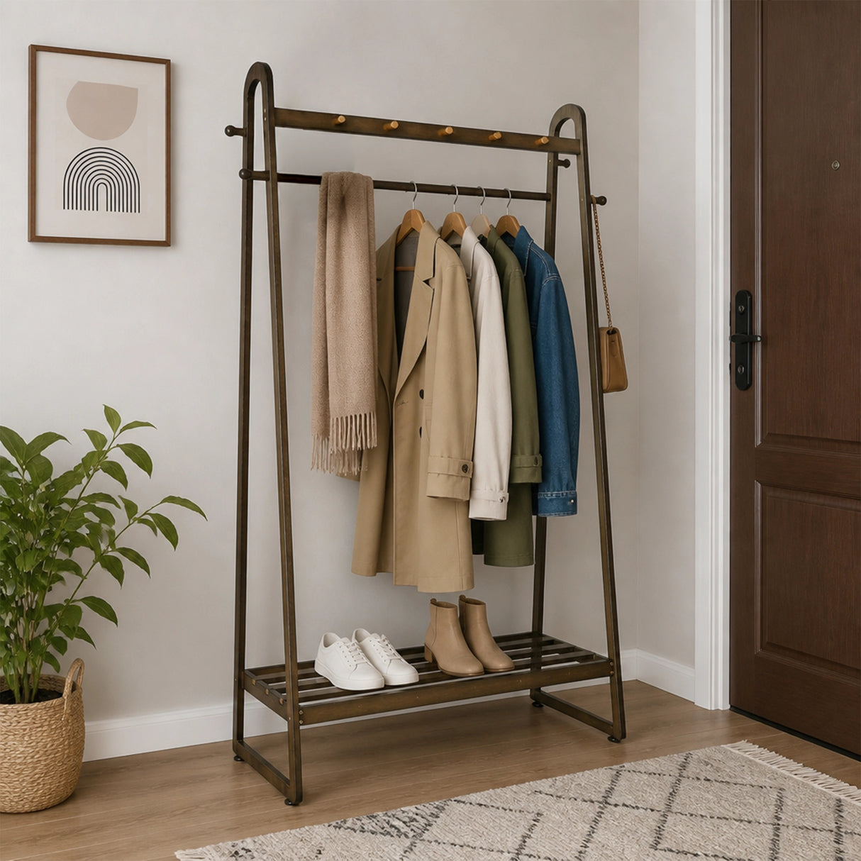 Dark Wood 160x100cm Clothes Rack Slim Stylish Space Saving
