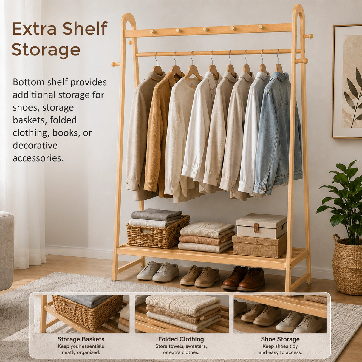 Wood 160x100cm Clothes Rack Slim Stylish Space Saving