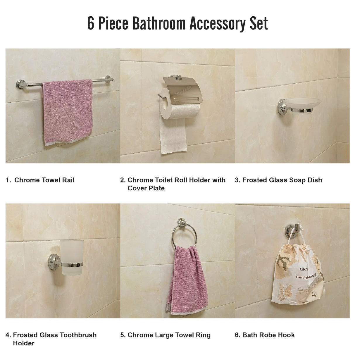 Bathroom Accessories Set 6 Piece Pack Chrome Wall Mounted Easy Fittings