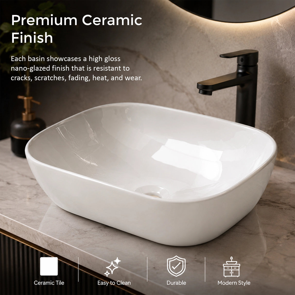 Ceramic Bathroom Basin Vanity Sink Oval Above Counter Top Mount Bowl