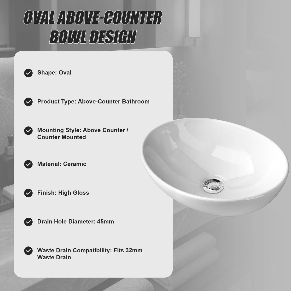 Ceramic Bathroom Basin Vanity Sink Oval Above Counter Top Mount Bowl