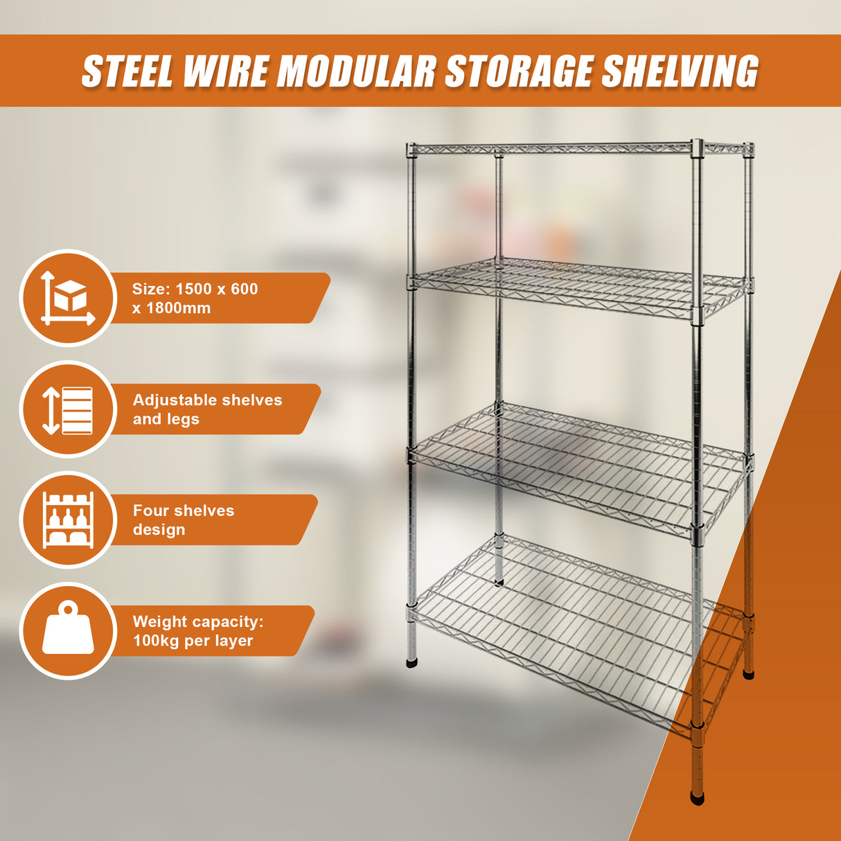 Modular Wire Storage Shelf 1200 x 600 x 1800mm Steel Shelving