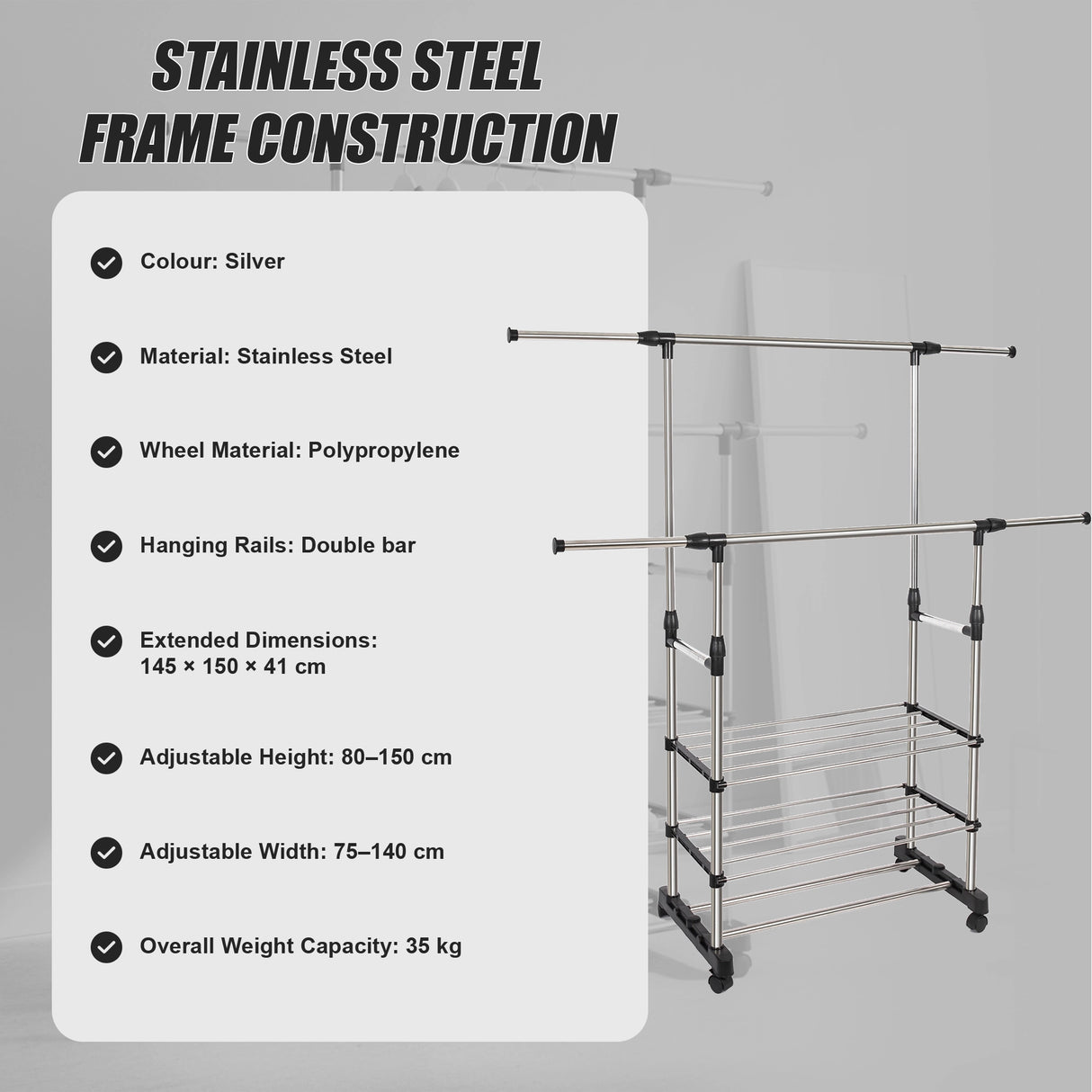 Heavy Duty Commercial Garment Rack Double Bar Rolling Collapsible Clothing Shelf