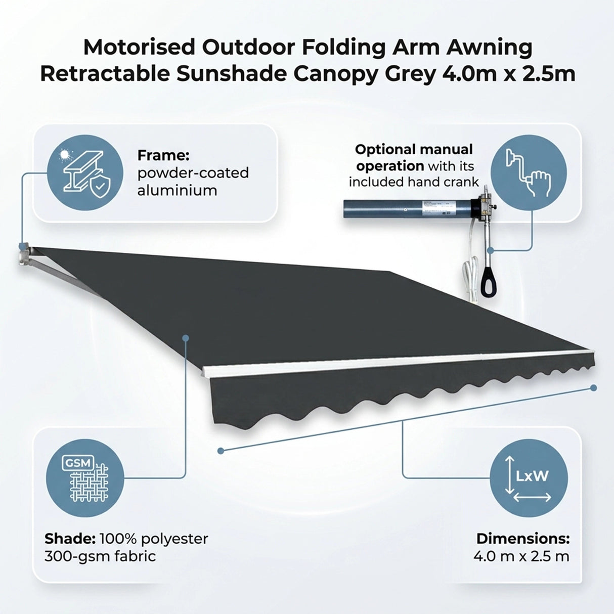 Motorised Outdoor Folding Arm Awning Retractable Sunshade Canopy Grey 4.0m x 2.5m