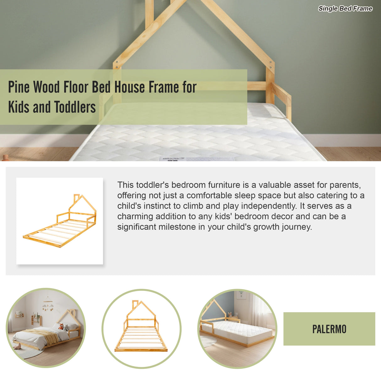 Pine Wood Floor Bed House Frame for Kids and Toddlers