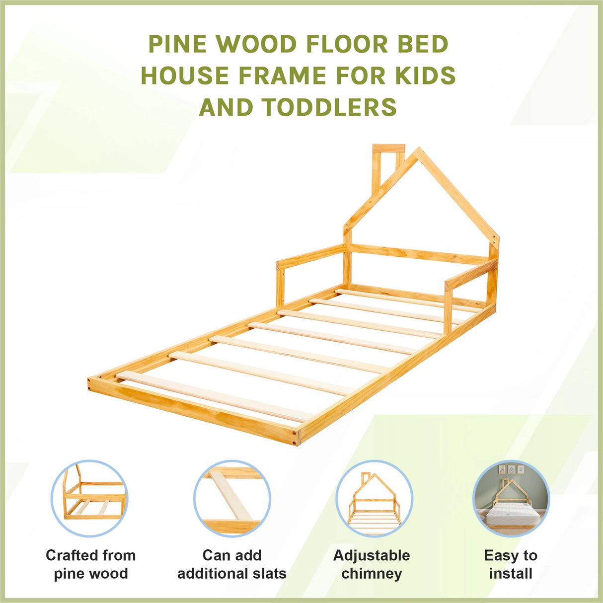 Pine Wood Floor Bed House Frame for Kids and Toddlers