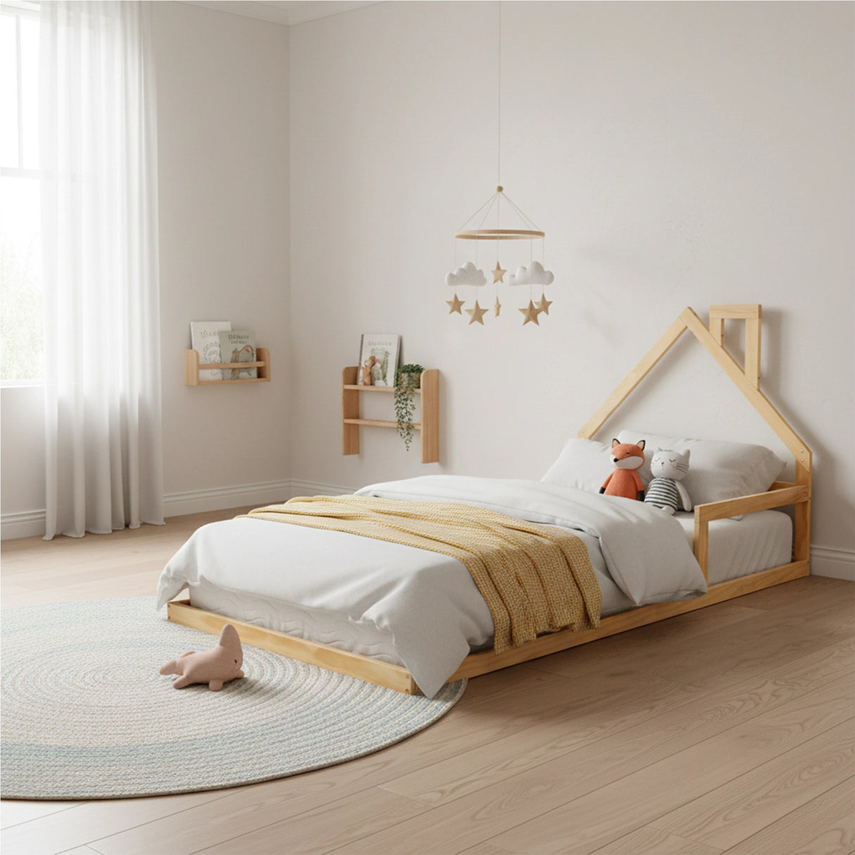 Pine Wood Floor Bed House Frame for Kids and Toddlers