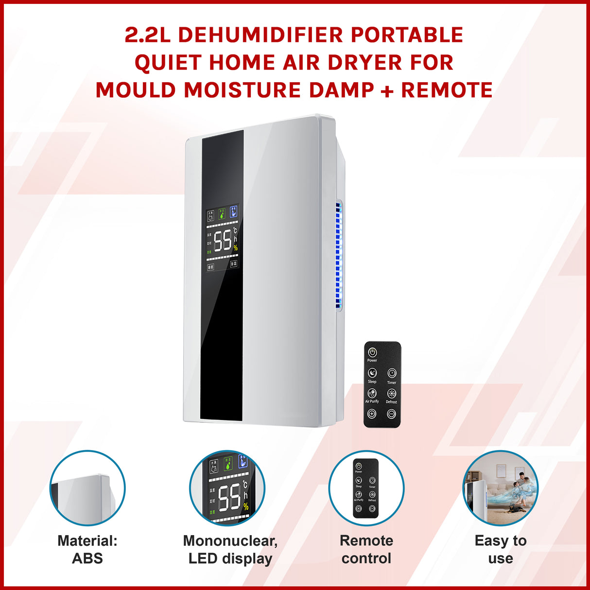 2.2L Dehumidifier Portable Quiet Home Air Dryer for Mould Moisture Damp + Remote