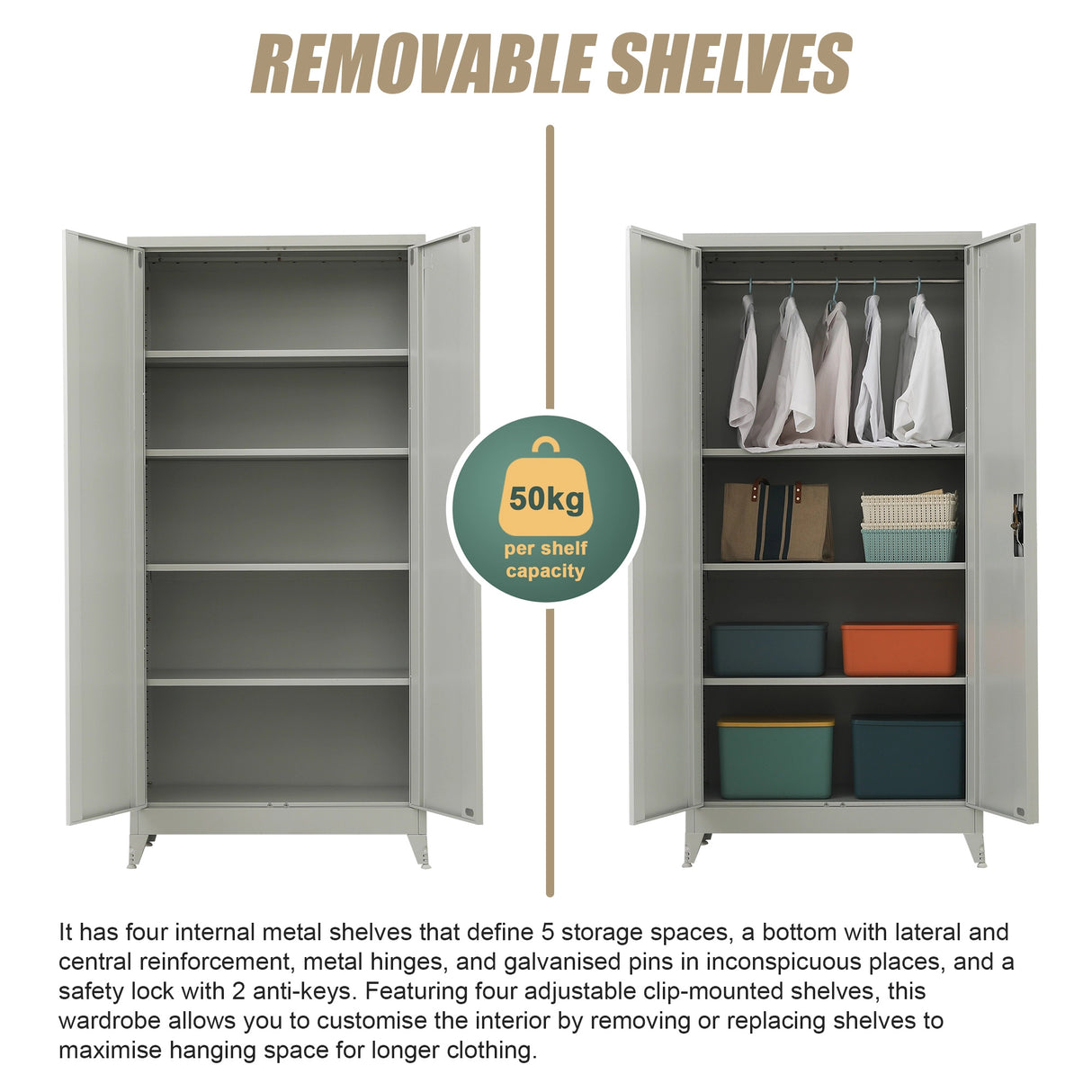 Two-Door Metal Cabinet Shelf Storage for Home Office Gym