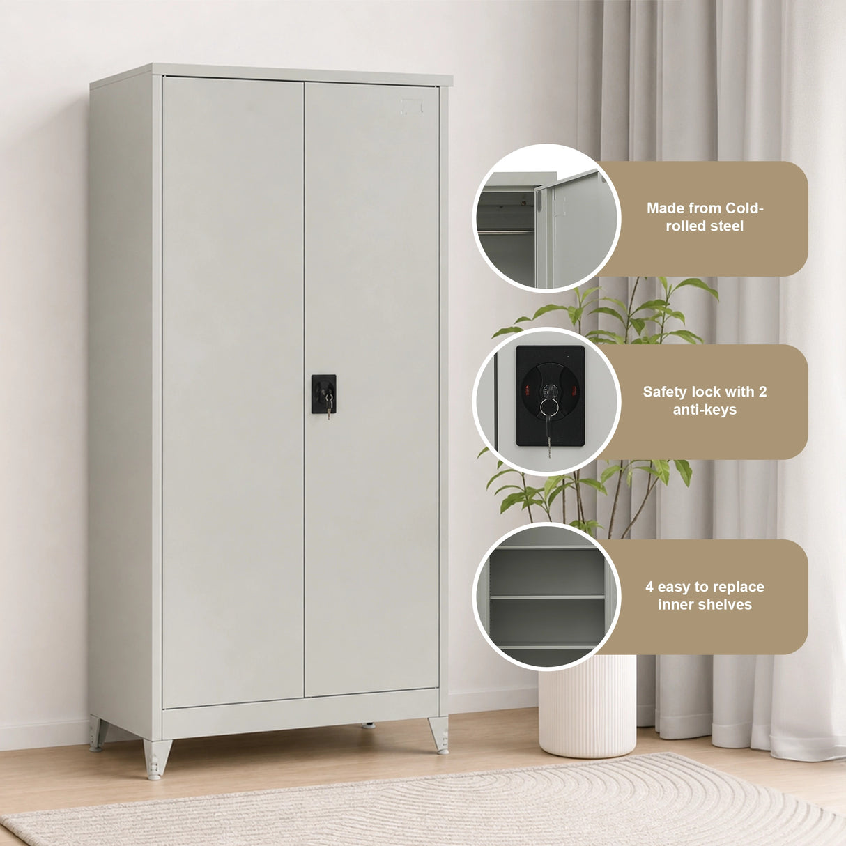 Two-Door Metal Cabinet Shelf Storage for Home Office Gym