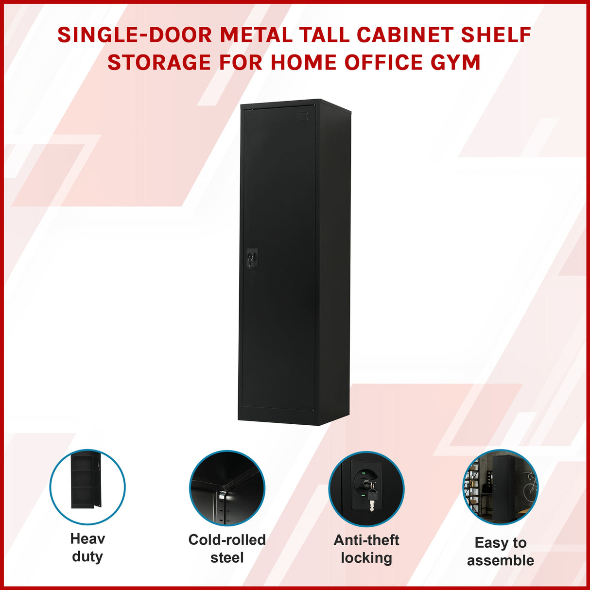 Single-Door Metal Tall Cabinet Shelf Storage for Home Office Gym