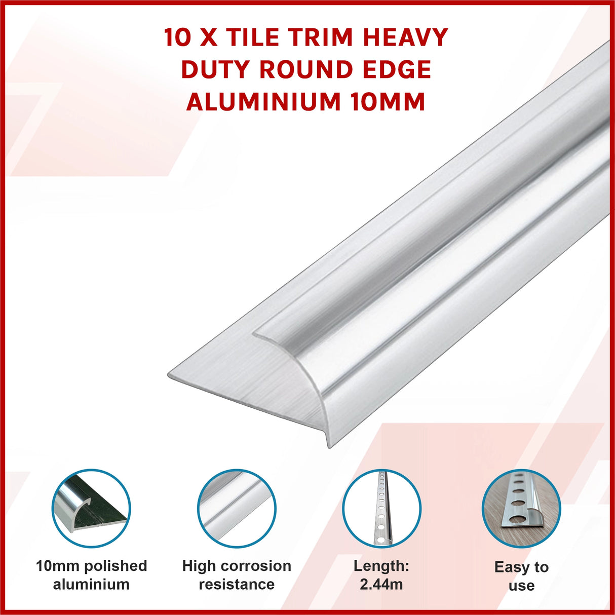 10 x Tile Trim Heavy Duty Round Edge Aluminium 10mm