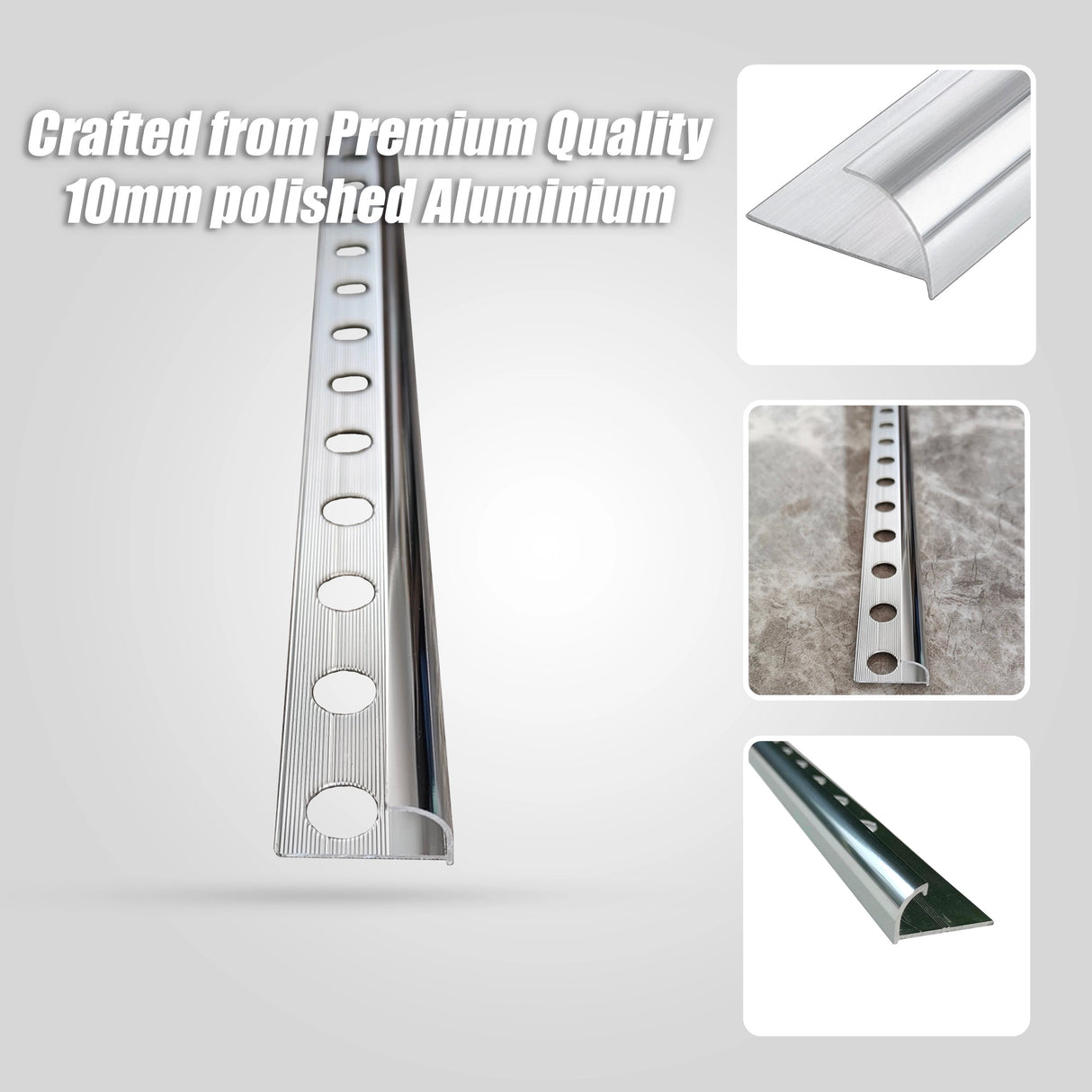 10 x Tile Trim Heavy Duty Round Edge Aluminium 10mm