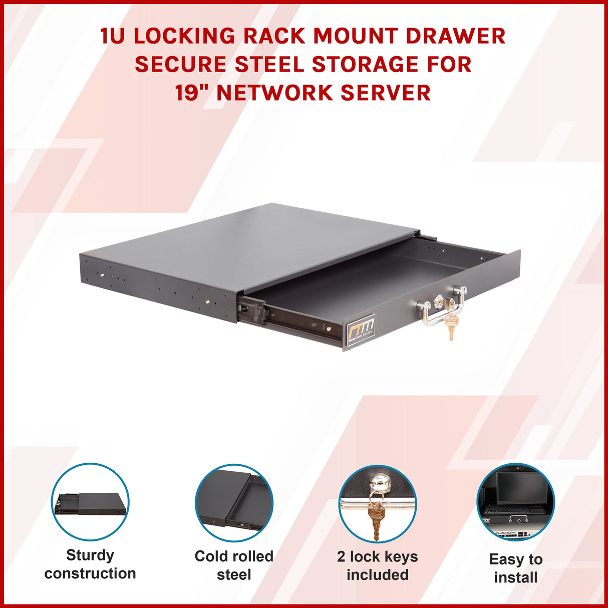 1U Locking Rack Mount Drawer Secure Steel Storage for 19" Network Server
