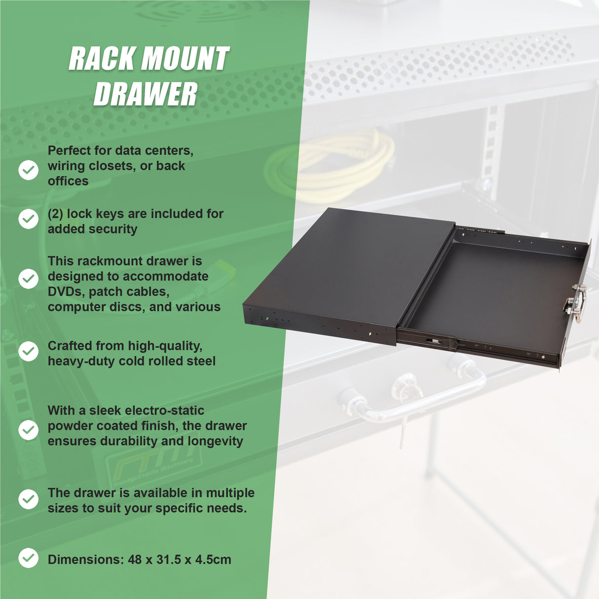 1U Locking Rack Mount Drawer Secure Steel Storage for 19" Network Server