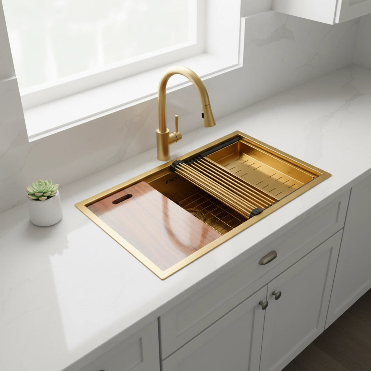 BRIENZ 32-inch Nano Workstation Ledge Undermount 16 Gauge Sand-finished Kitchen Sink Single Bowl