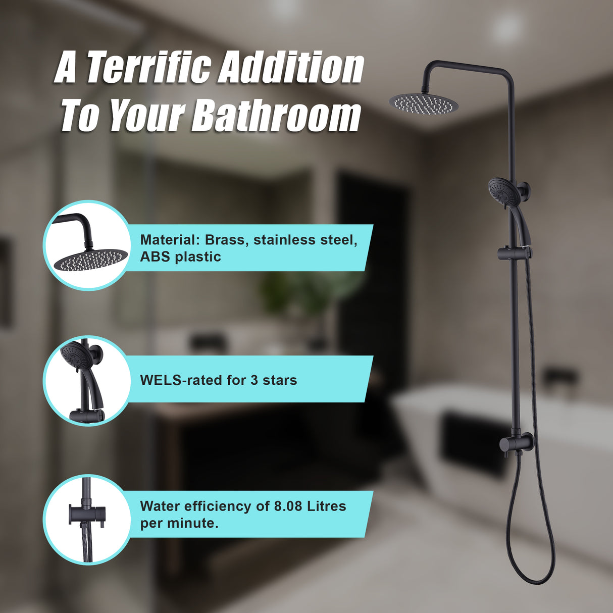 WELS 8" Rain Shower Head Set Rounded Dual Heads Faucet High Pressure Hand Held