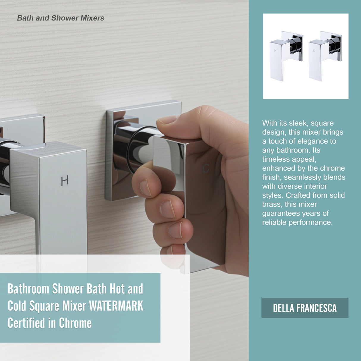 Bathroom Shower Bath Hot and Cold Square Mixer WATERMARK Certified in Chrome