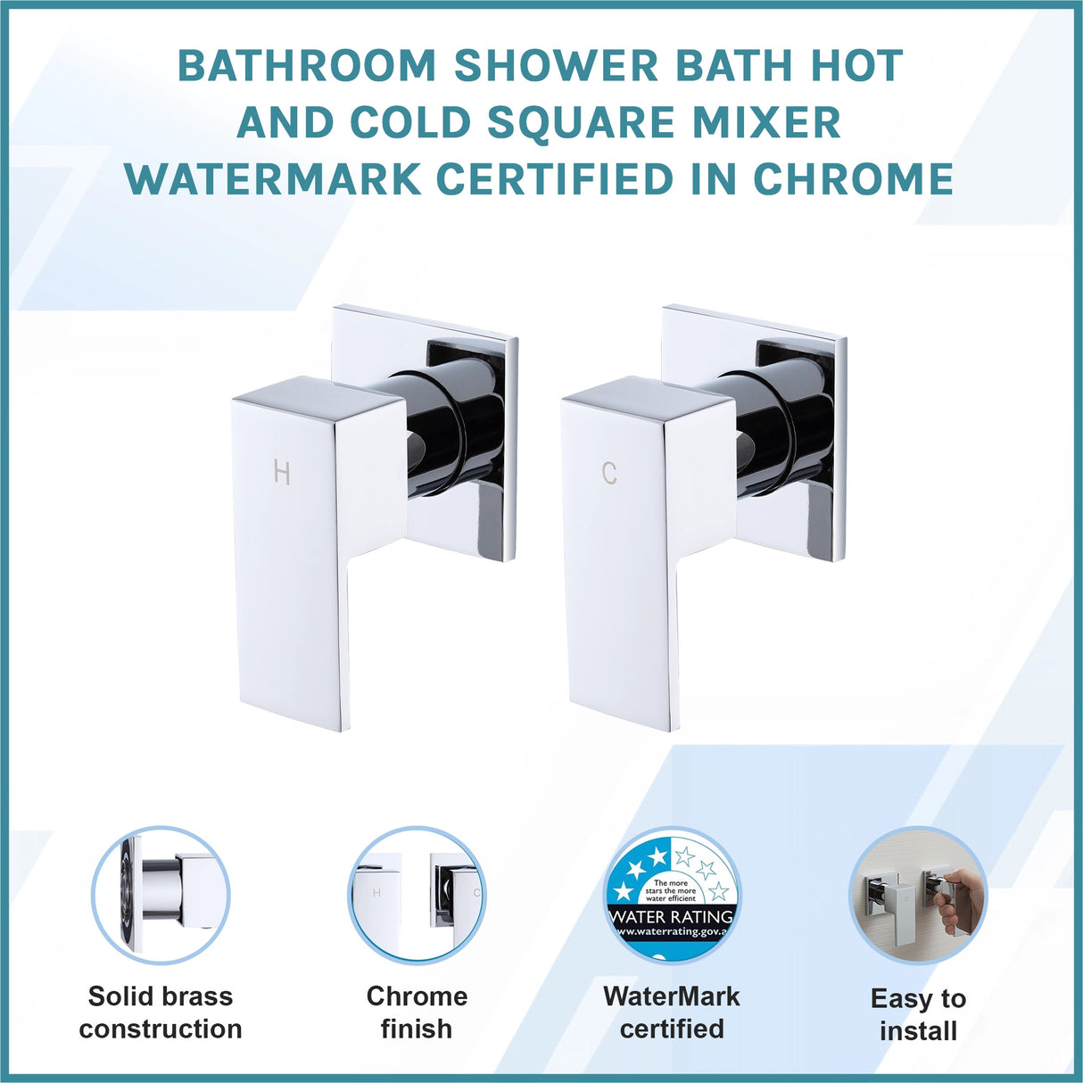 Bathroom Shower Bath Hot and Cold Square Mixer WATERMARK Certified in Chrome