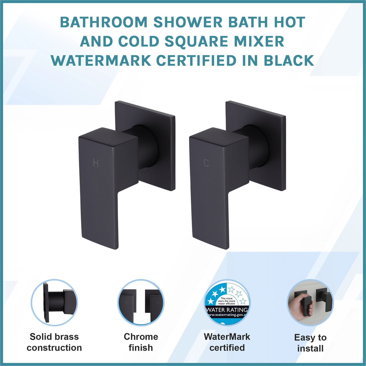 Bathroom Shower Bath Hot and Cold Square Mixer WATERMARK Certified in Black