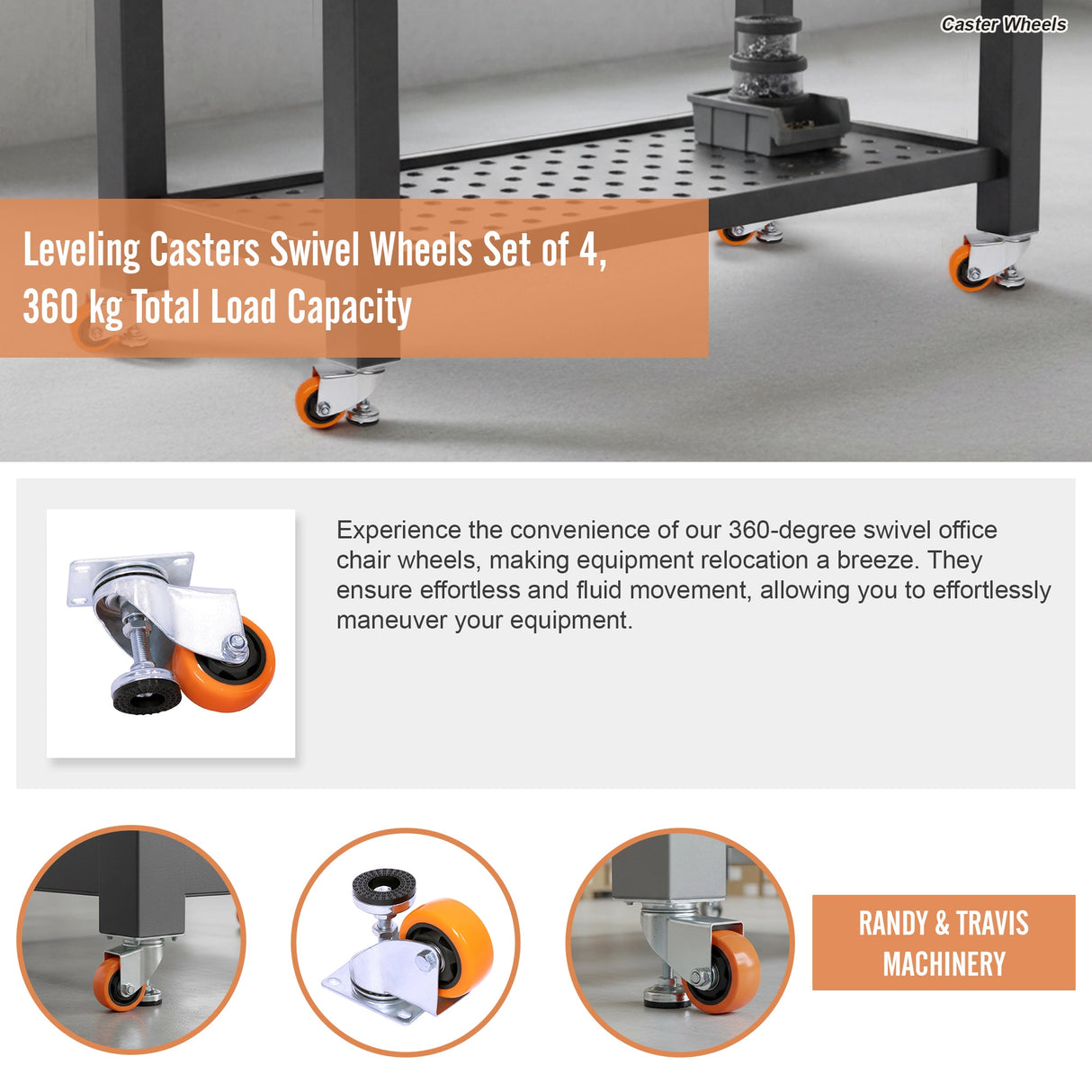Leveling Casters Swivel Wheels Set of 4, 360 kg Total Load Capacity