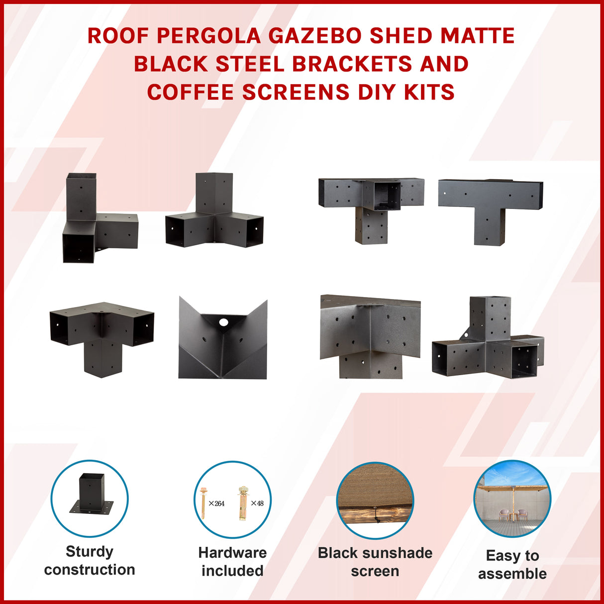 Roof Pergola Gazebo Shed Matte Black Steel Brackets and Coffee Screens DIY Kits