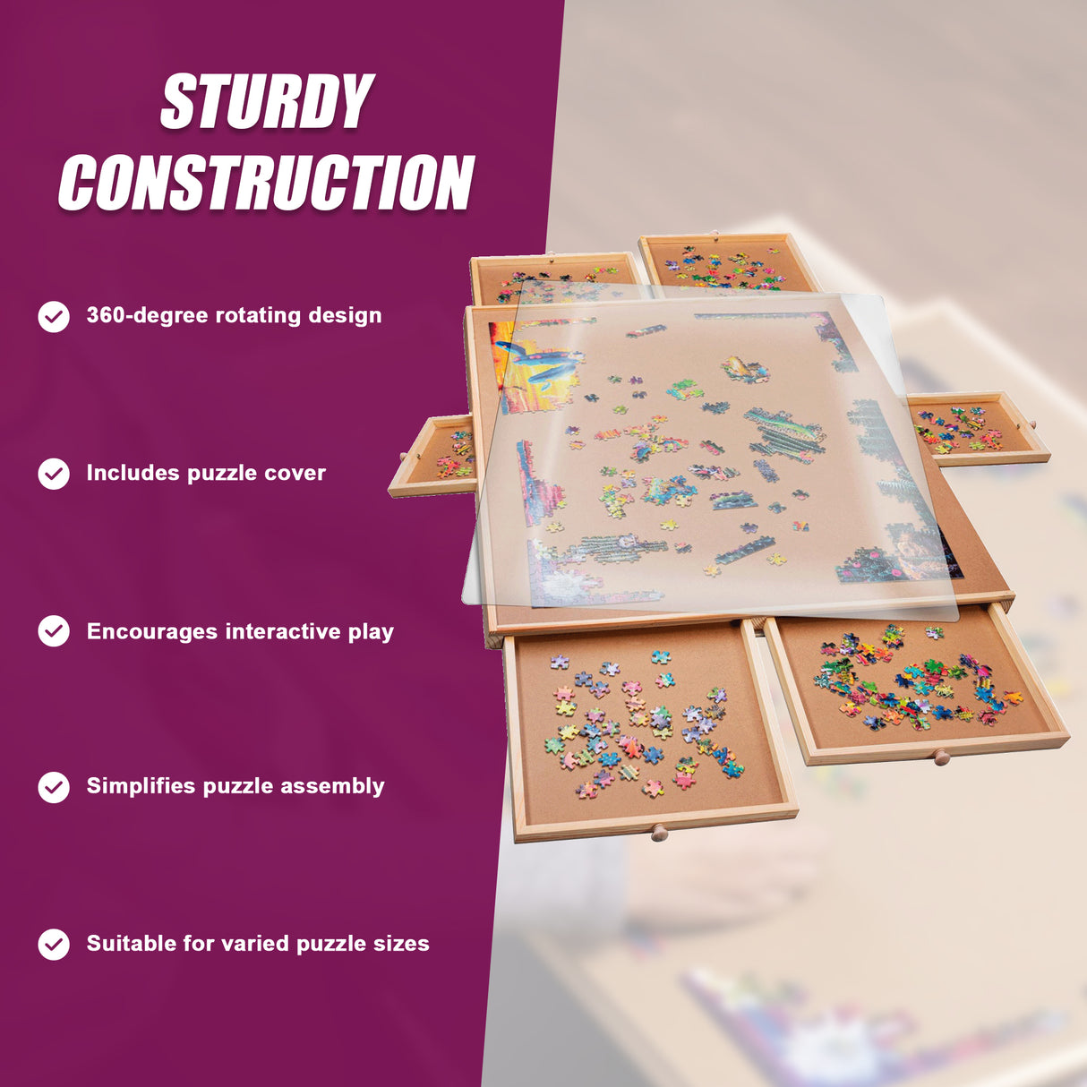 1500 Piece Rotating Wooden Jigsaw Puzzle Table 6 Drawers Board
