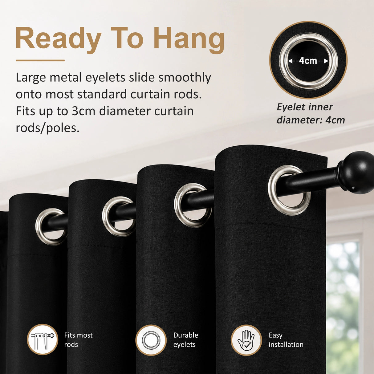 2X Blockout Curtains Blackout Window Curtain Draperies Pair Eyelet for Bedroom 132*160cm Black