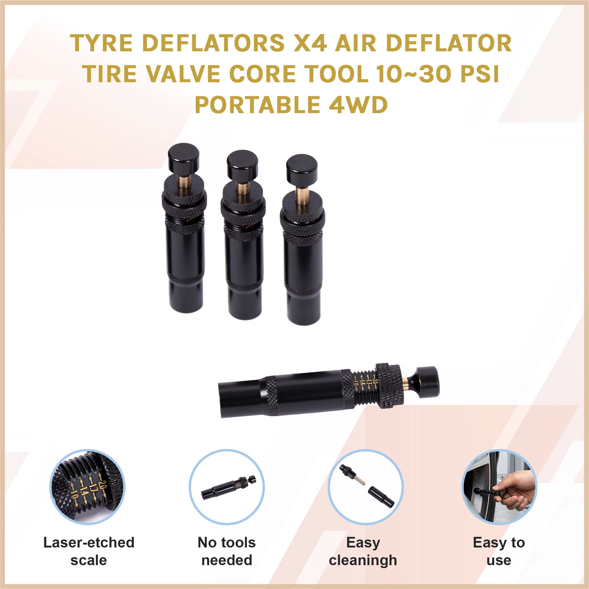 Tyre Deflators x4 Air Deflator Tire Valve Core Tool 10~30 PSI Portable 4WD