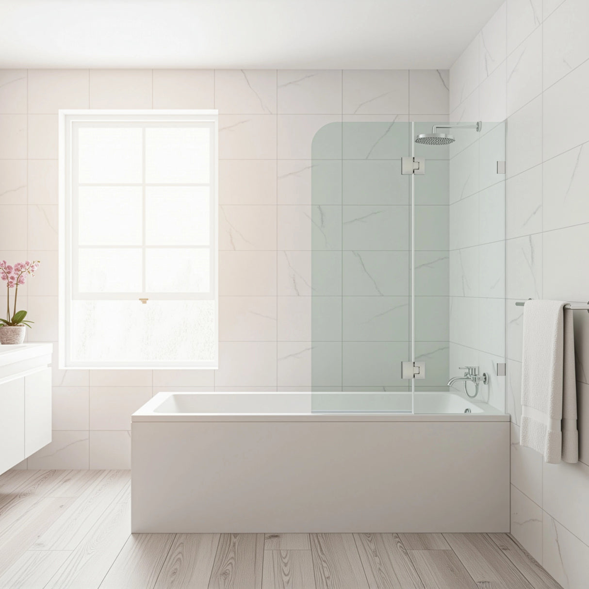 90cm Frameless Glass Bath Screen – Brass U-Brackets in Nickel for Stylish Bathroom Upgrade