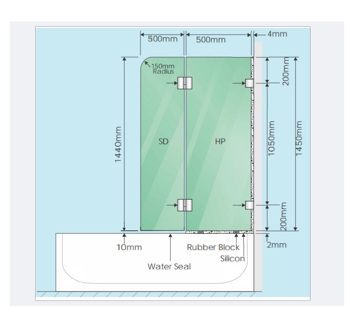 100cm Frameless Glass Bath Screen – Wall Channel with Stainless Steel Hinges in White Finish
