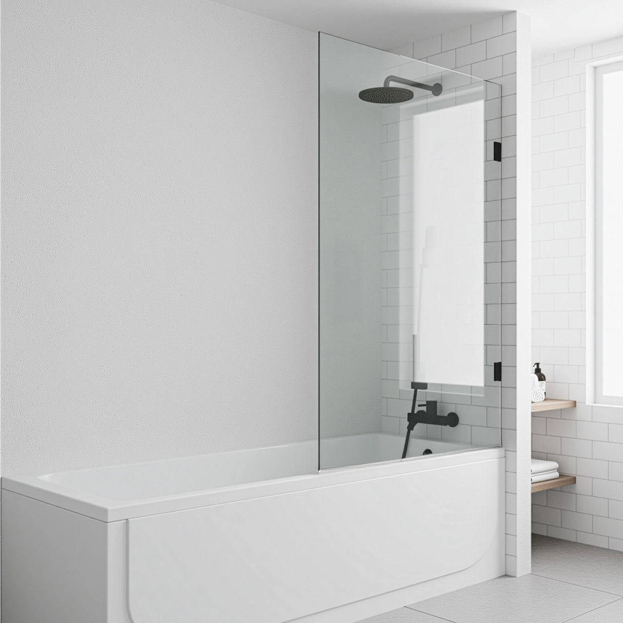 90cm Frameless Swing Bath Screen – Brushed Nickel Hardware with Brass hinge for Modern Bathrooms