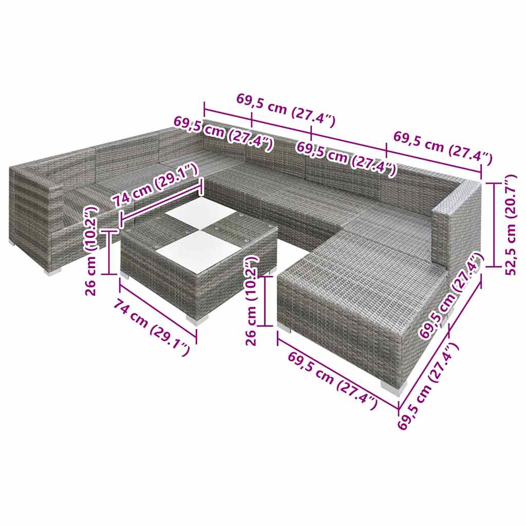 8 Piece Garden Lounge Set with Cushions Poly Rattan Grey